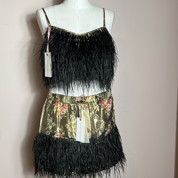 LOVESHACKFANCY Set Dusty Crop Cami Midnight Ruby & Risha Feather Trim Mini Skirt - Picture 5 of 17